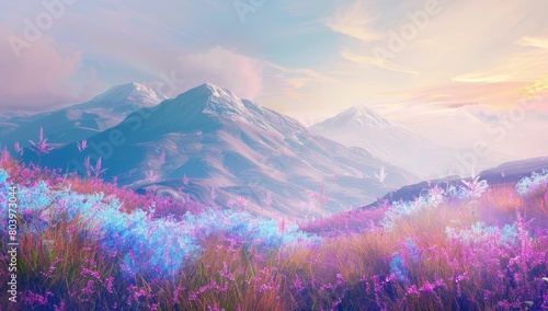 A serene landscape with vibrant wildflowers blanketing the foothills of majestic mountains at sunset photo