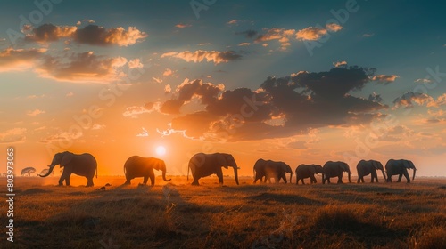 A herd of elephants roaming freely across the African savannah at sunset