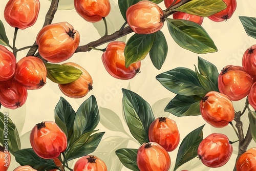 A watercolor illustration capturing the essence of ripe fruits amidst lush green foliage. photo