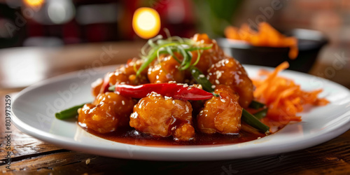 Delicious Sweet and Sour Chicken Served with Fresh Vegetables on White Plate photo