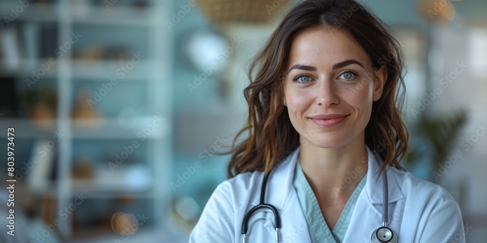 A cheerful, alluring young pediatrician in a hospital portrait, exuding positivity and confidence. A cheerful, alluring young pediatrician in a hospital portrait, exuding positivity and confidence.