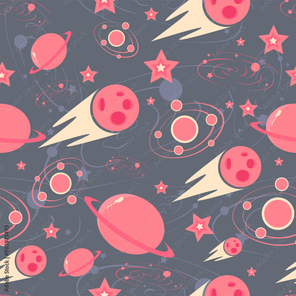Pink and purple galaxy seamless pattern with stars, planets, comets and galaxies. Repeat background with universe assets Pink and purple galaxy seamless pattern with stars, planets, comets and galaxies. Repeat background with universe assets
