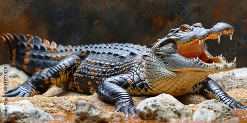A powerful predator  the crocodile  with rough  scaly skin  hunting in its tropical habitat.