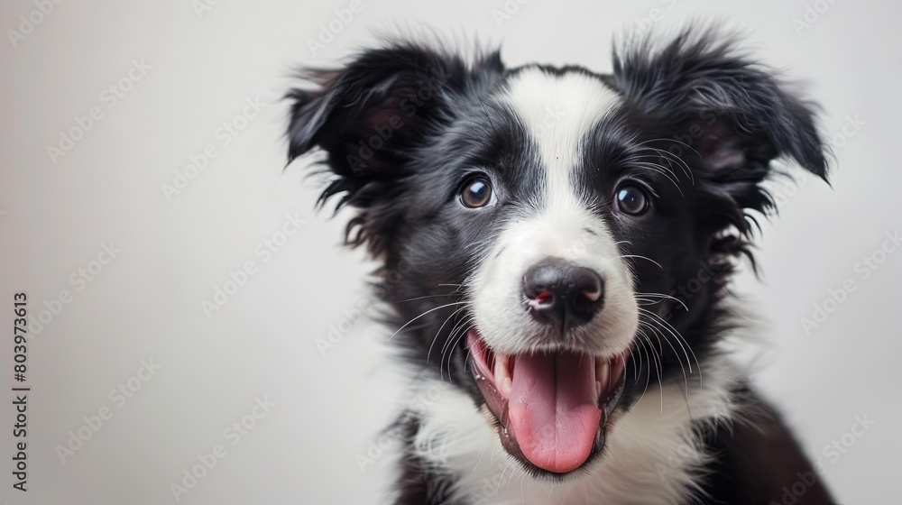 Joyful black and white border collie puppy with a playful expression Joyful black and white border collie puppy with a playful expression