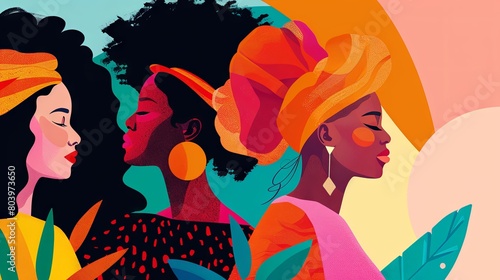 Colorful portrait of diverse young women with stylish headwraps