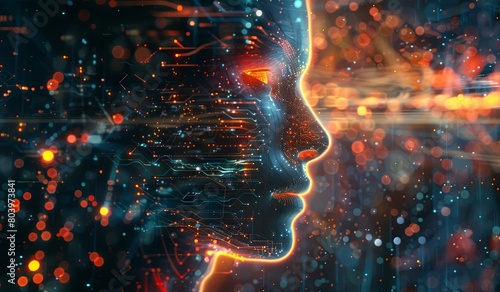 Ethereal digital human profile amidst dynamic data particles