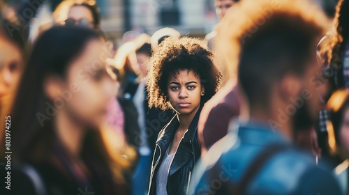 Focused young woman in a crowd. A young Black woman with a serious expression stands out amidst a blurred crowd  highlighted by her distinctive curly hair and leather jacket.