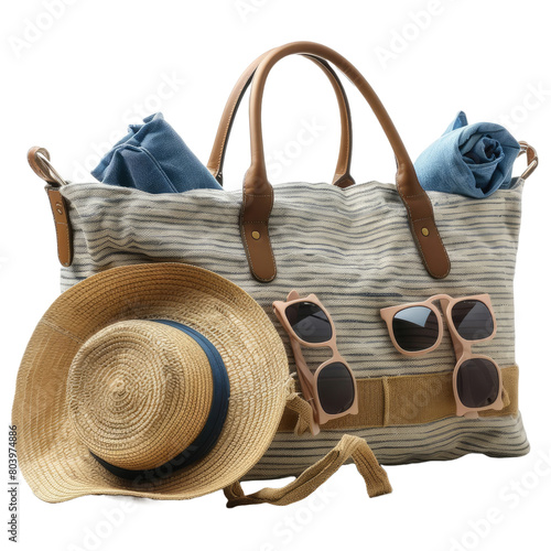 Stylish beach bag with a Hat on Transparent Background.