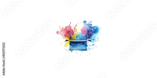  watercolor, simple clean blue and purple paper bag with an orange glow on white background