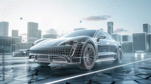 Riding wireframe car concept on the road and futuristic city on the background. Front view of SUV car. Professional 3d rendering of own designed generic non existing car model.