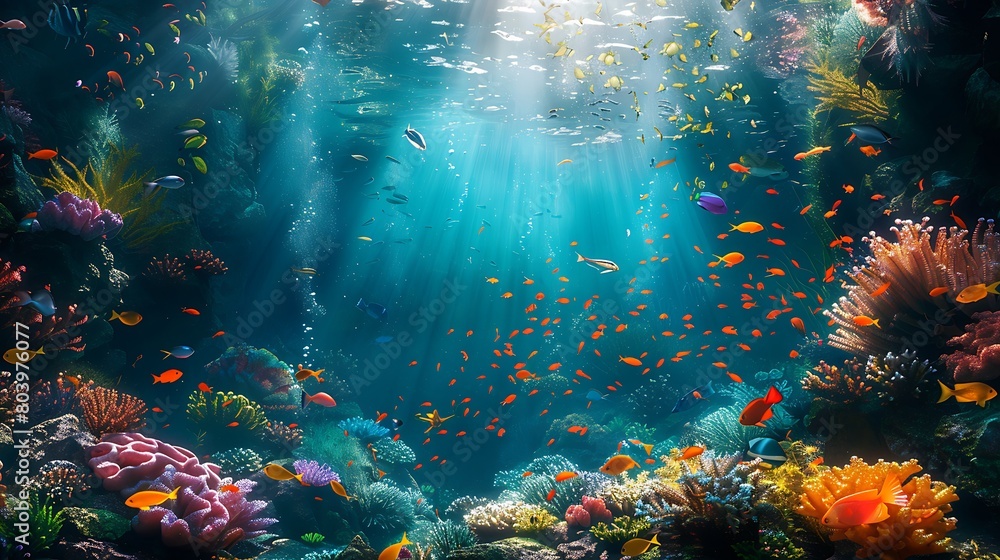 an underwater scene showing a stark contrast between natural aquatic life and pollution