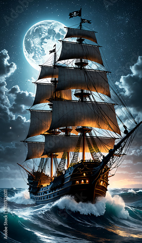 pubg style the image features a pirate ship sailing in the ocean, surrounded by rough waves and foamy sea spray. the pirate ship is large with three masts