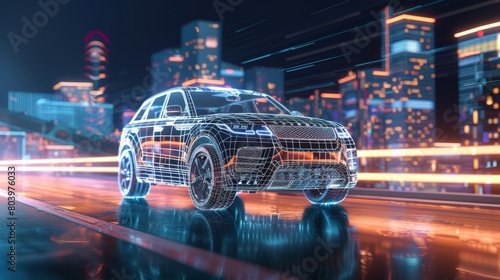 Riding wireframe car concept on the road and futuristic city on the background. Front view of SUV car. Professional 3d rendering of own designed generic non existing car model.