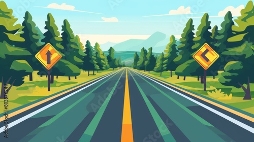 Safe driving tips and traffic regulation rules. Close-up of United States added lane sign. A new lane will be added ahead to the main roadway. Flat vector illustration template.  photo