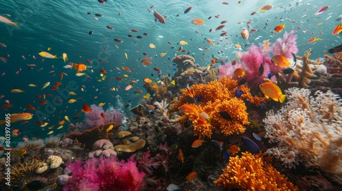 A vibrant coral reef teeming with diverse marine life underwater