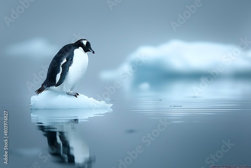 a solitary penguin on a small iceberg, amidst a calm sea with scattered ice floes