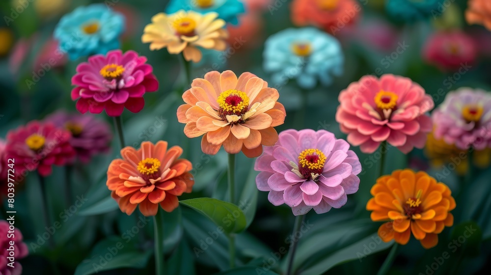 A field of colorful zinnias in bloom A field of colorful zinnias in bloom