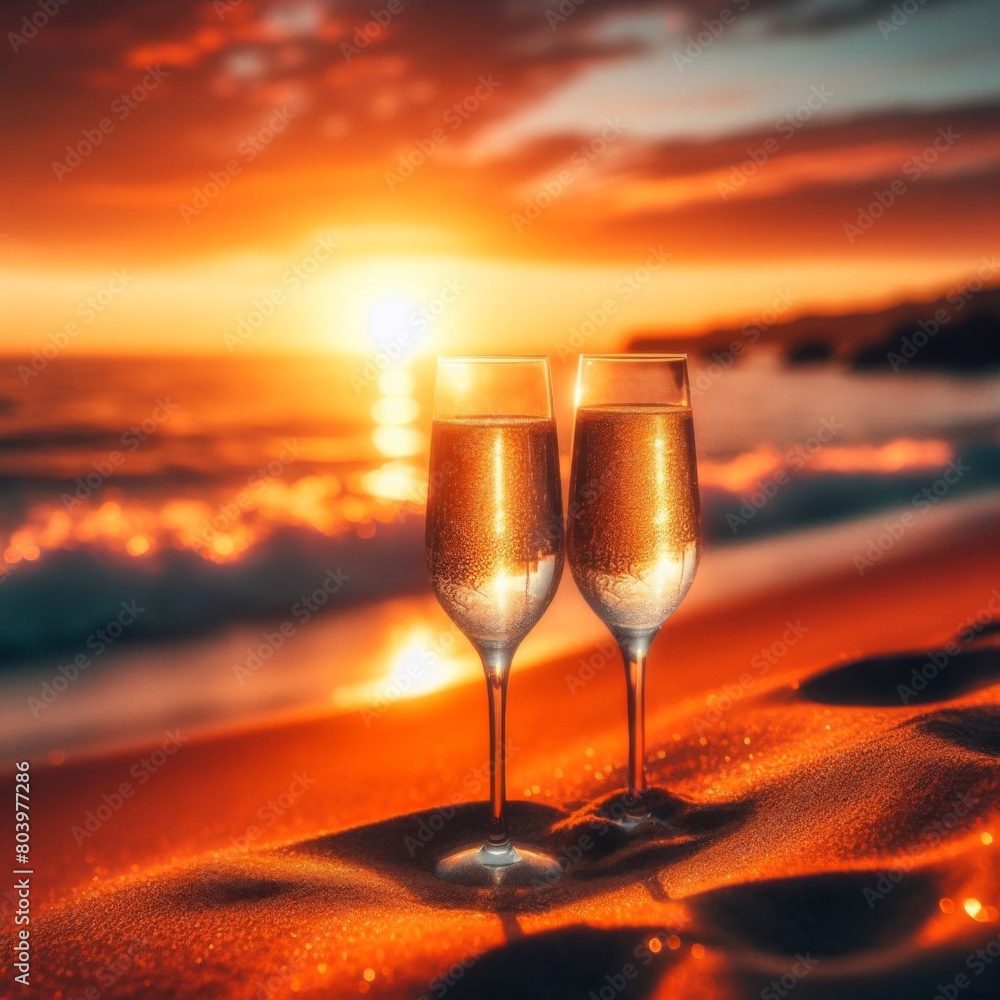 glasses of champagne against sunset background