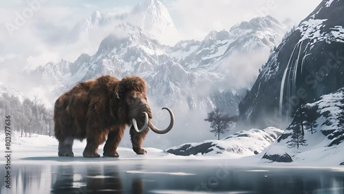 A woolly mammoth with curved tusks, Extinct prehistoric mammal walking with frozen mountain landscape on the background	 photo