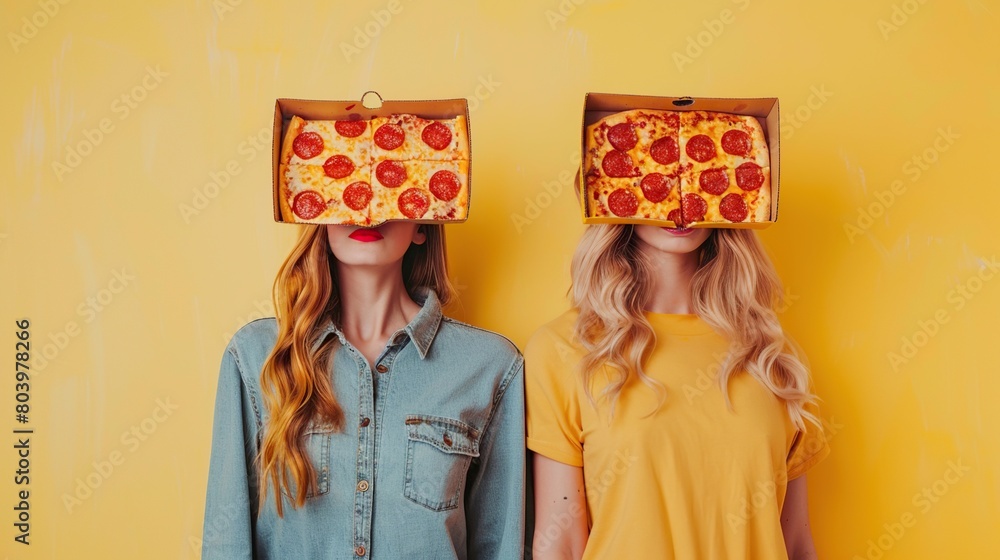 Two women are holding pizzas in front of their faces.

