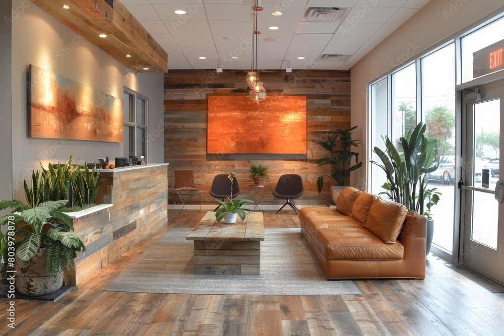 Fototapeta premium A warm and inviting office reception area featuring wooden design elements and a welcoming seating zone