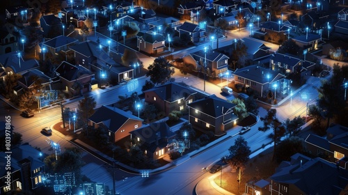 Serene suburban neighborhood at night with advanced security systems visible, showcasing a global tech perspective