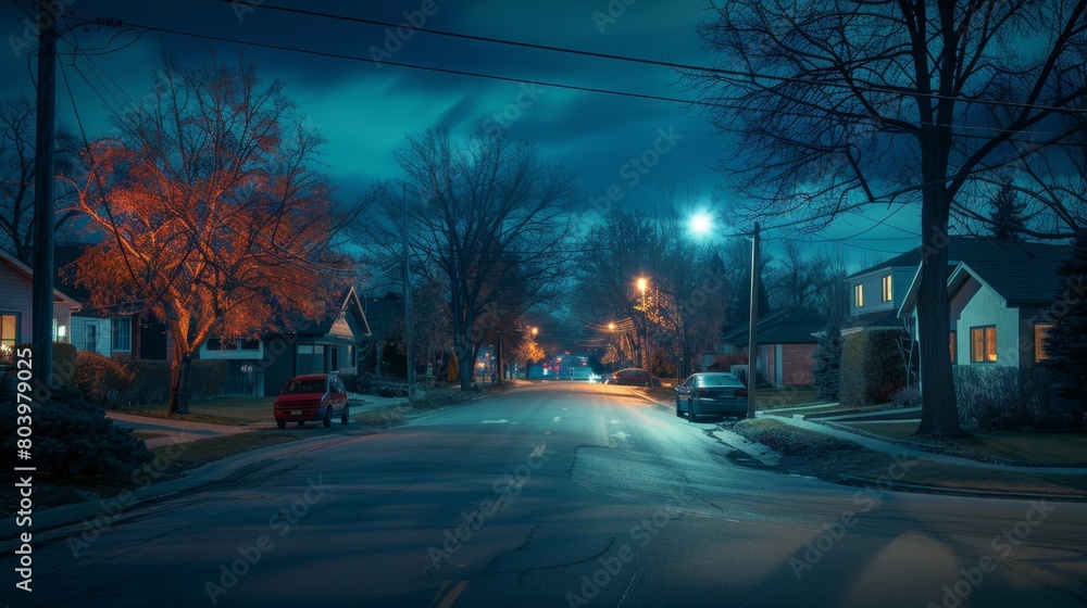 Quiet suburban streets at night, enhanced with global digital networks, portraying a safe and technologically advanced habitat