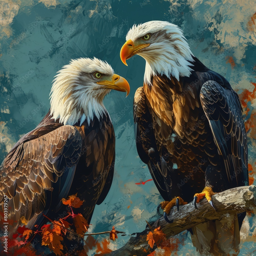 Fototapeta premium illustration, flat design, a pair of flying eagles in love, in the middle of a love symbol, fink basic colors, flat vector illustration