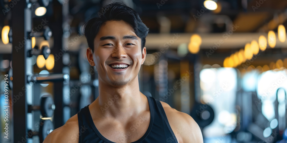 A handsome man in a black tank top smiles while standing at a gym.