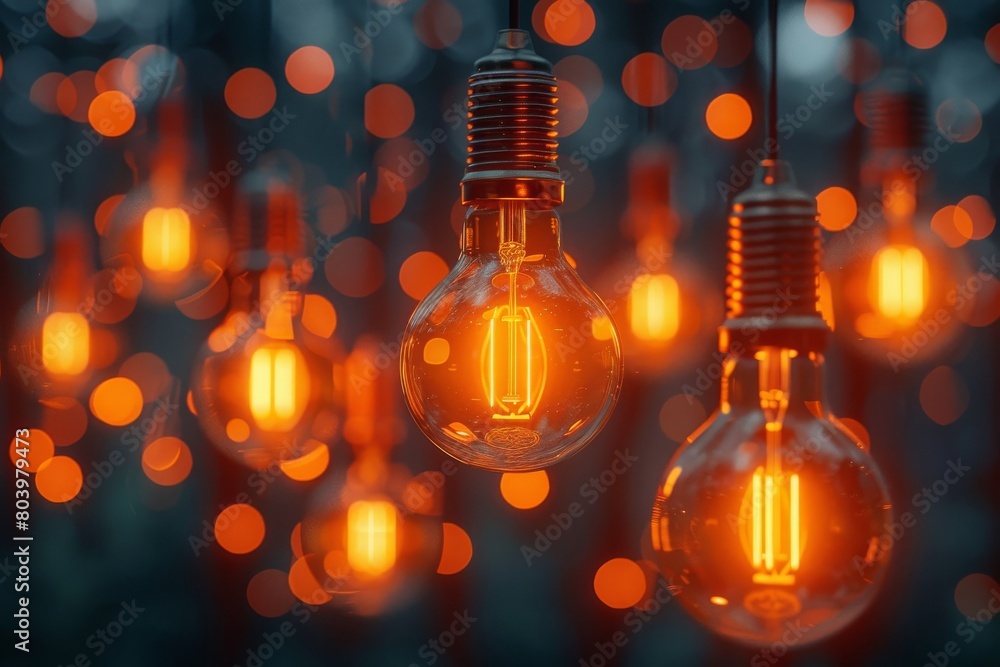 Glowing filament light bulbs hanging with a warm orange hue, imparting a vintage vibe Glowing filament light bulbs hanging with a warm orange hue, imparting a vintage vibe