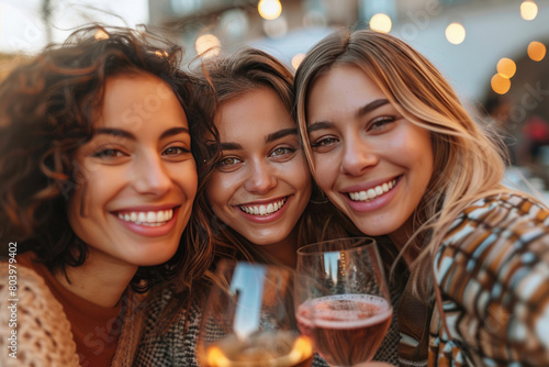 Three beautiful women, smiling, take a selfie with wine glasses in front at an outdoor cafe during the golden hour. photo