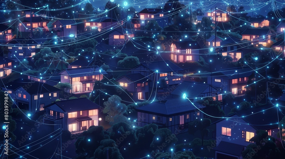 Nighttime in a digital suburb, houses connected by glowing cyber lines, reflecting a secure, high-tech community