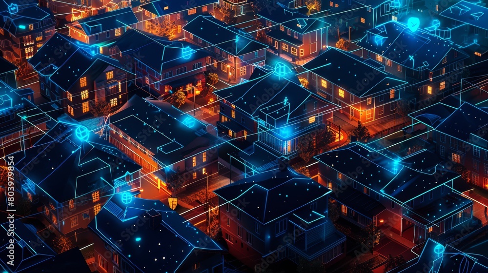 Nighttime in a digital suburb, houses connected by glowing cyber lines, reflecting a secure, high-tech community Nighttime in a digital suburb, houses connected by glowing cyber lines, reflecting a secure, high-tech community