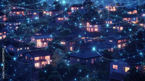 Nighttime in a digital suburb  houses connected by glowing cyber lines  reflecting a secure  high-tech community