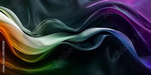 Abstract 3d waves with different color shapes, white, green and dark purple, in creative abstraction style