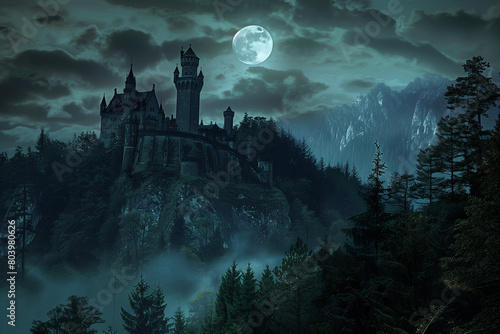 Dracula's Castle, terrifying vampire Halloween landscape of a hilltop with full moon in the night in the forest photo