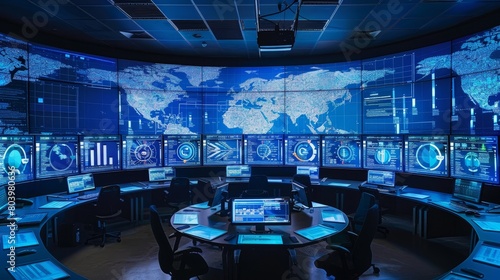 Cyber security operation center in action, monitors displaying real-time cyber threat maps and digital defense mechanisms. photo