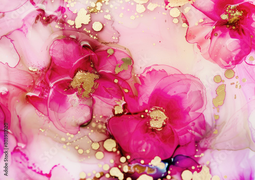 abstract fluid art paint by pink alcohol ink and gold foil in spring flowers form luxury theme and beauty feminine background