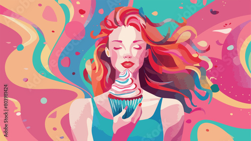 Woman holding tasty cupcake on color background Vector