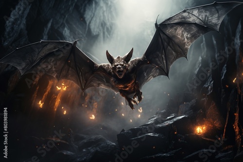 Bat, Halloween's Monstrous Night Flier, Spreading Terror as it Swoops Through the Cave's Dark Abyss, Unleashing Vampiric Horror-edit