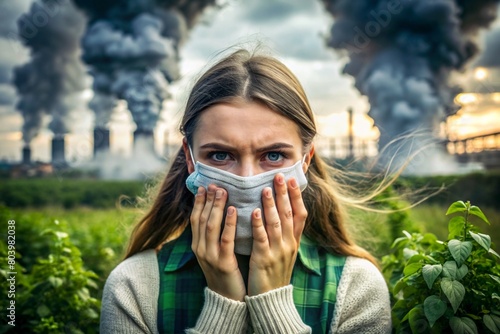 Environmental Protection and Pollution Defense: An image featuring a person shielding their face from environmental pollutants and toxins, advocating for skincare products with pollution-defense photo