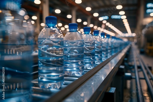 Row of clear plastic water bottles with blue caps on a conveyor belt in a factory setting photo