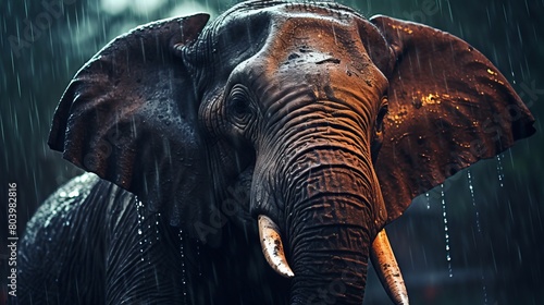 An elephant in the rain