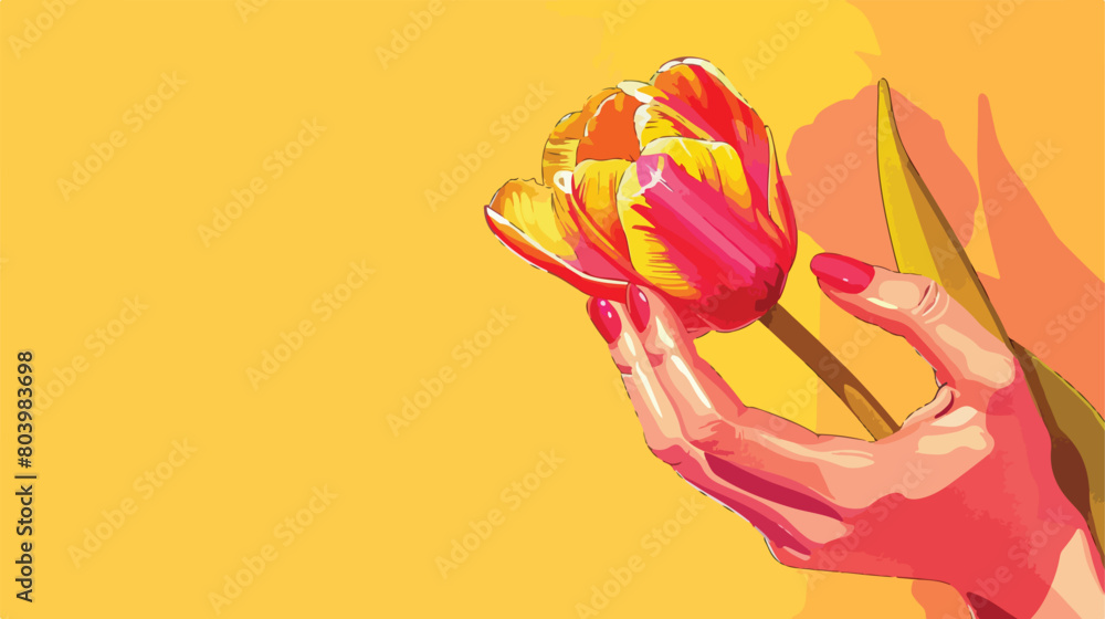 Woman with beautiful manicure holding tulip on yellow