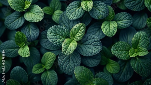Background with lemon balm leaves, top view, maro photo, selective focus