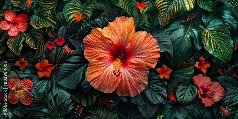 Naklejka premium Vibrant Hibiscus Bloom in Lush Greenery