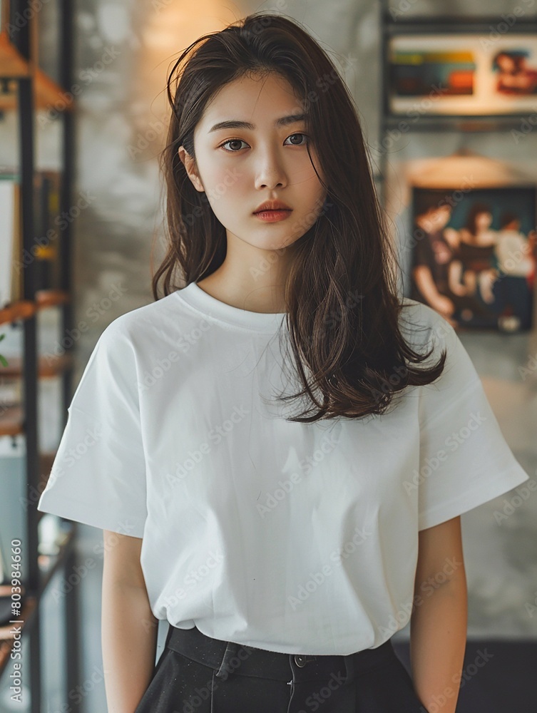 Asian woman in oversized white t-shirt against the backdrop of a vintage cement wall in an old apartment. Asian woman in oversized white t-shirt against the backdrop of a vintage cement wall in an old apartment.