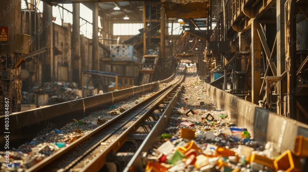 Warm sunset light casts over a recycling facility's conveyor belts laden with waste materials.