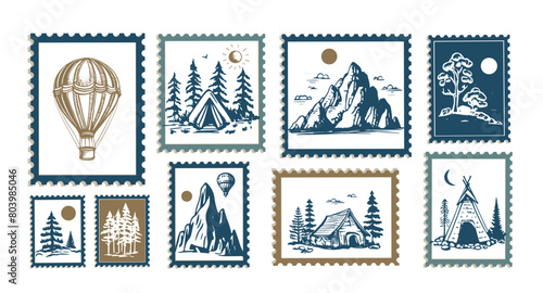Camping set, stamp, Mountain landscape, hand drawn style, vector illustration. © Tatiana