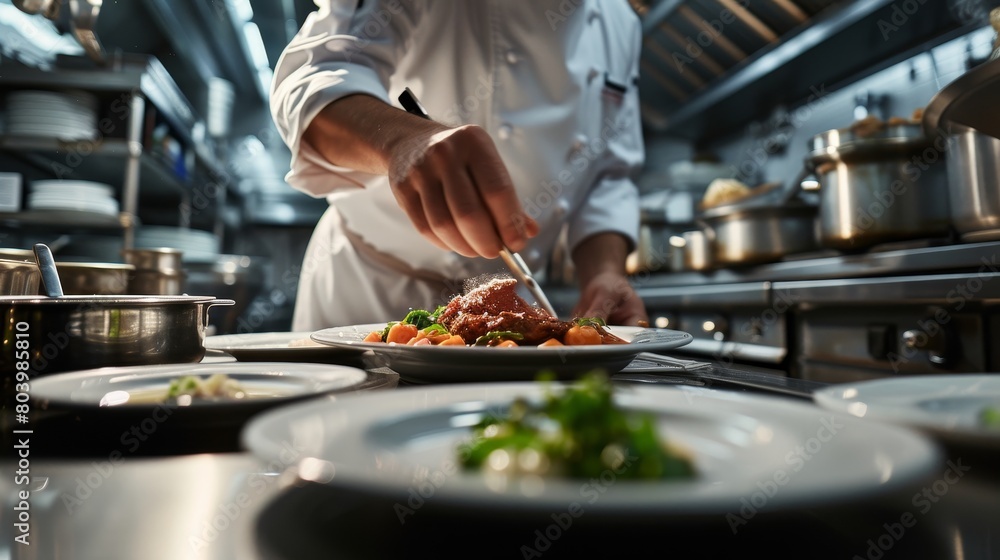 Chef garnishing a dish with finesse in a professional kitchen, focus on the artistic presentation of food. Chef garnishing a dish with finesse in a professional kitchen, focus on the artistic presentation of food.